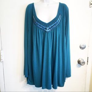 Plus Size JMS Teal Beaded Neck Top